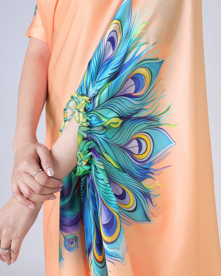 Peach Bliss Designer Freehand Peacock Print Saree in Georgette Satin – Ready to Wear