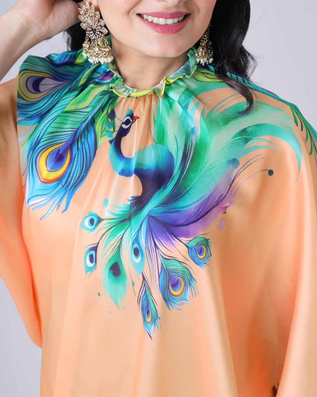 Peach Bliss Designer Freehand Peacock Print Saree in Georgette Satin – Ready to Wear