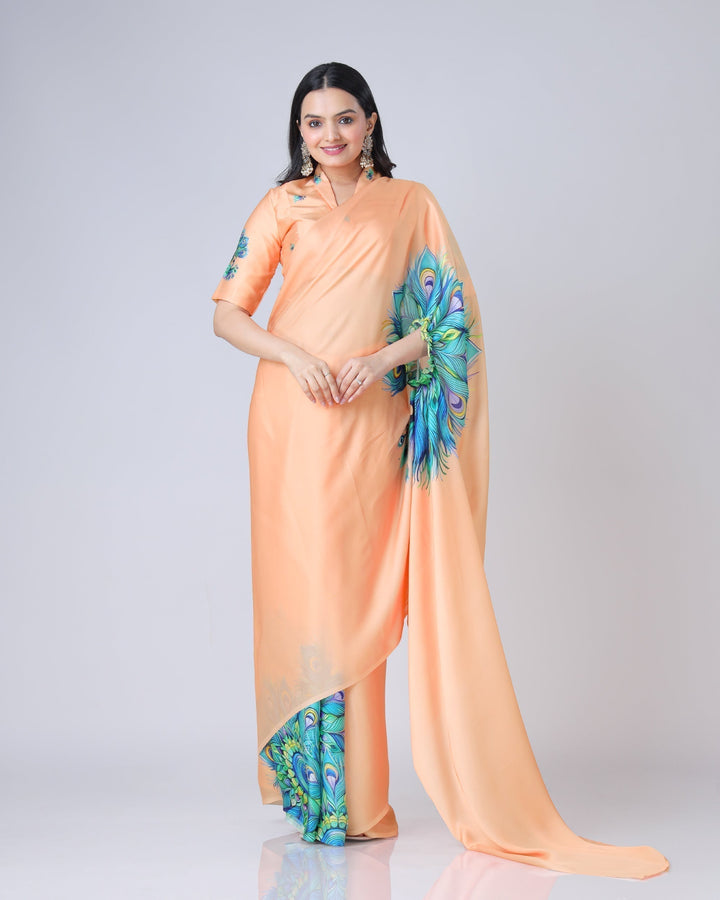 Peach Bliss Designer Freehand Peacock Print Saree in Georgette Satin – Ready to Wear
