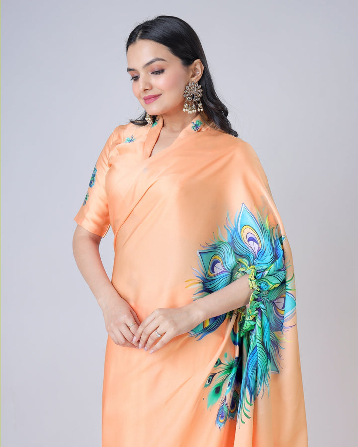 Peach Bliss Designer Freehand Peacock Print Saree in Georgette Satin – Ready to Wear