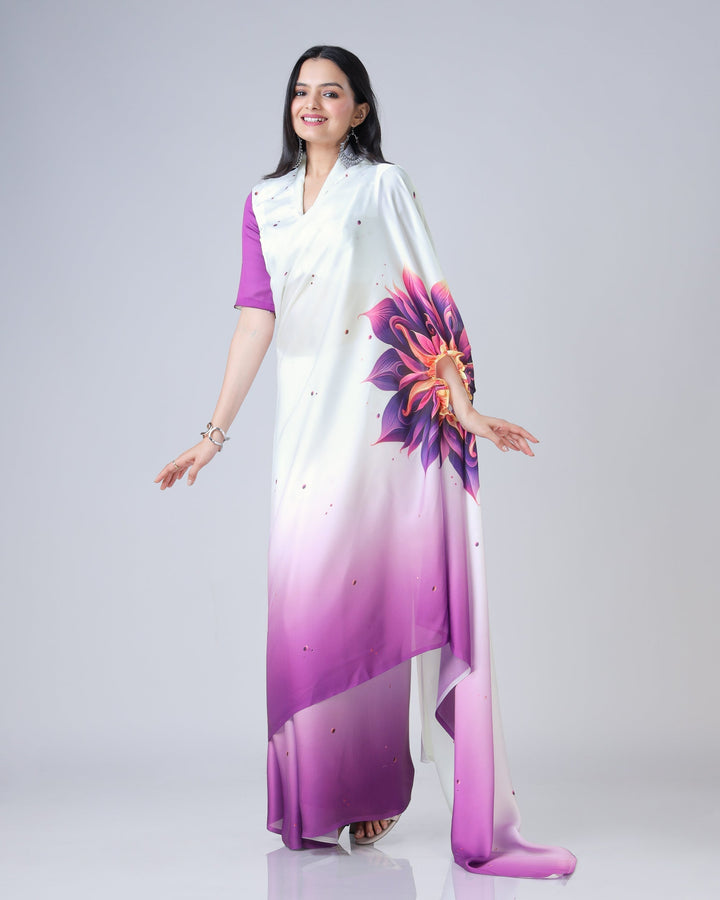 Soft Peach Designer Freehand Mandala Print Saree in Georgette Satin – Ready to Wear