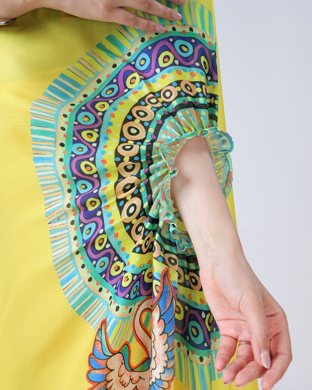 Sunshine Yellow Designer Freehand Swan Print Saree in Georgette Satin – Ready to Wear