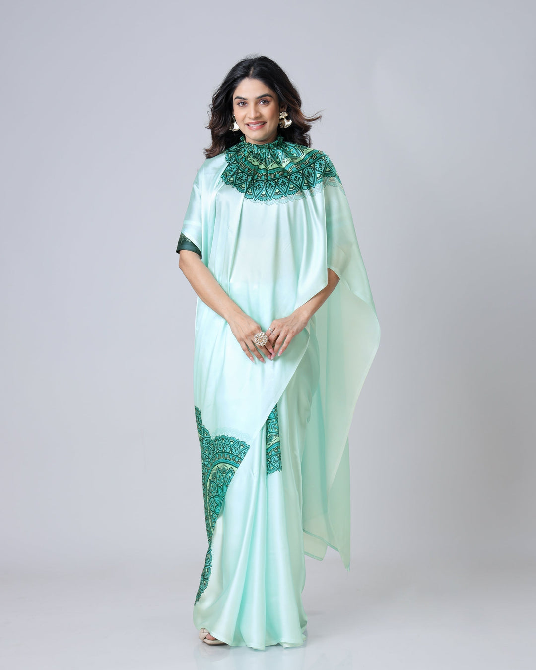 Mint Green Designer Freehand Mandala Print Saree in Georgette Satin – Elegant Ready-to-Wear Drape