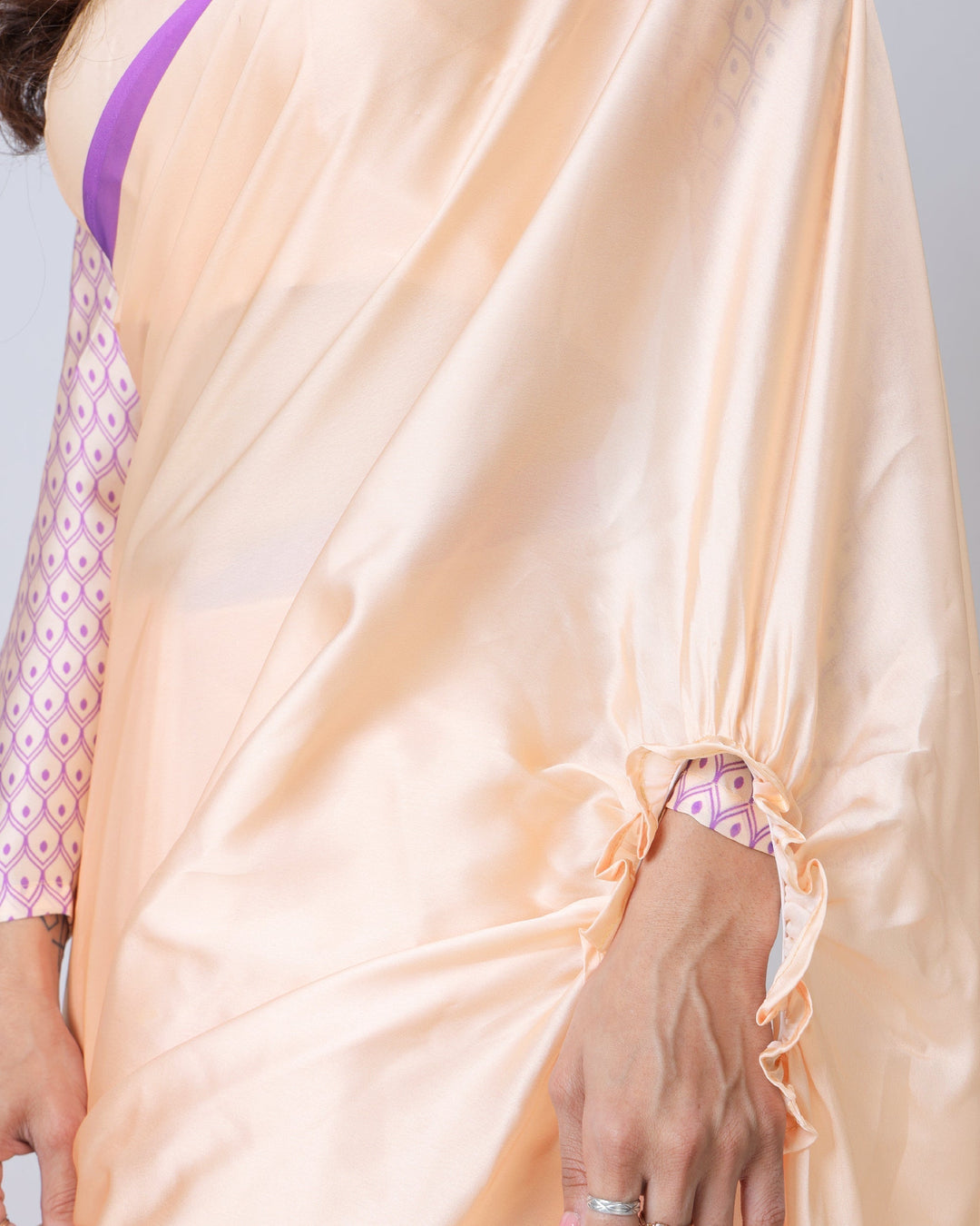 Peach & Lavender Mandala Print Georgette Satin Designer Freehand Saree – Elegant Ready-to-Wear Saree with Blouse