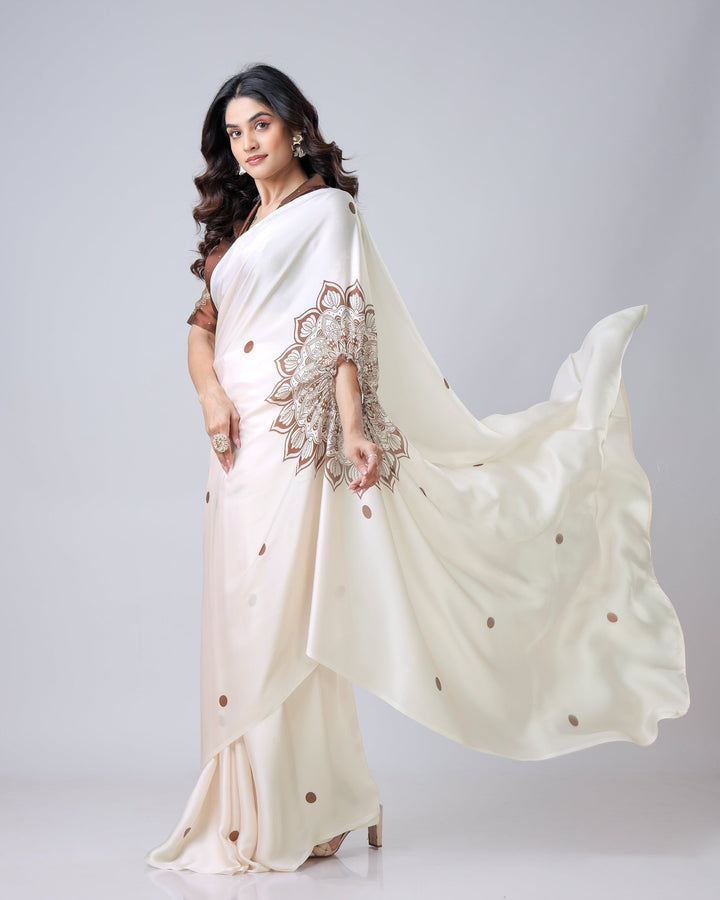 Ivory Georgette Satin Ready-to-Wear Saree with Mandala Freehand Print & Polka Dot Detailing