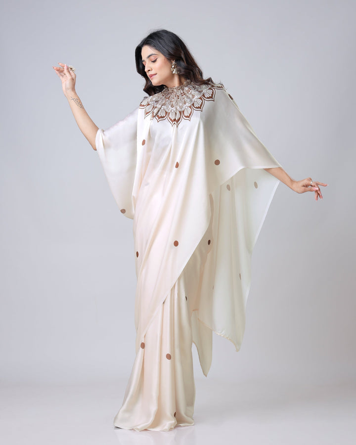 Ivory Georgette Satin Ready-to-Wear Saree with Mandala Freehand Print & Polka Dot Detailing