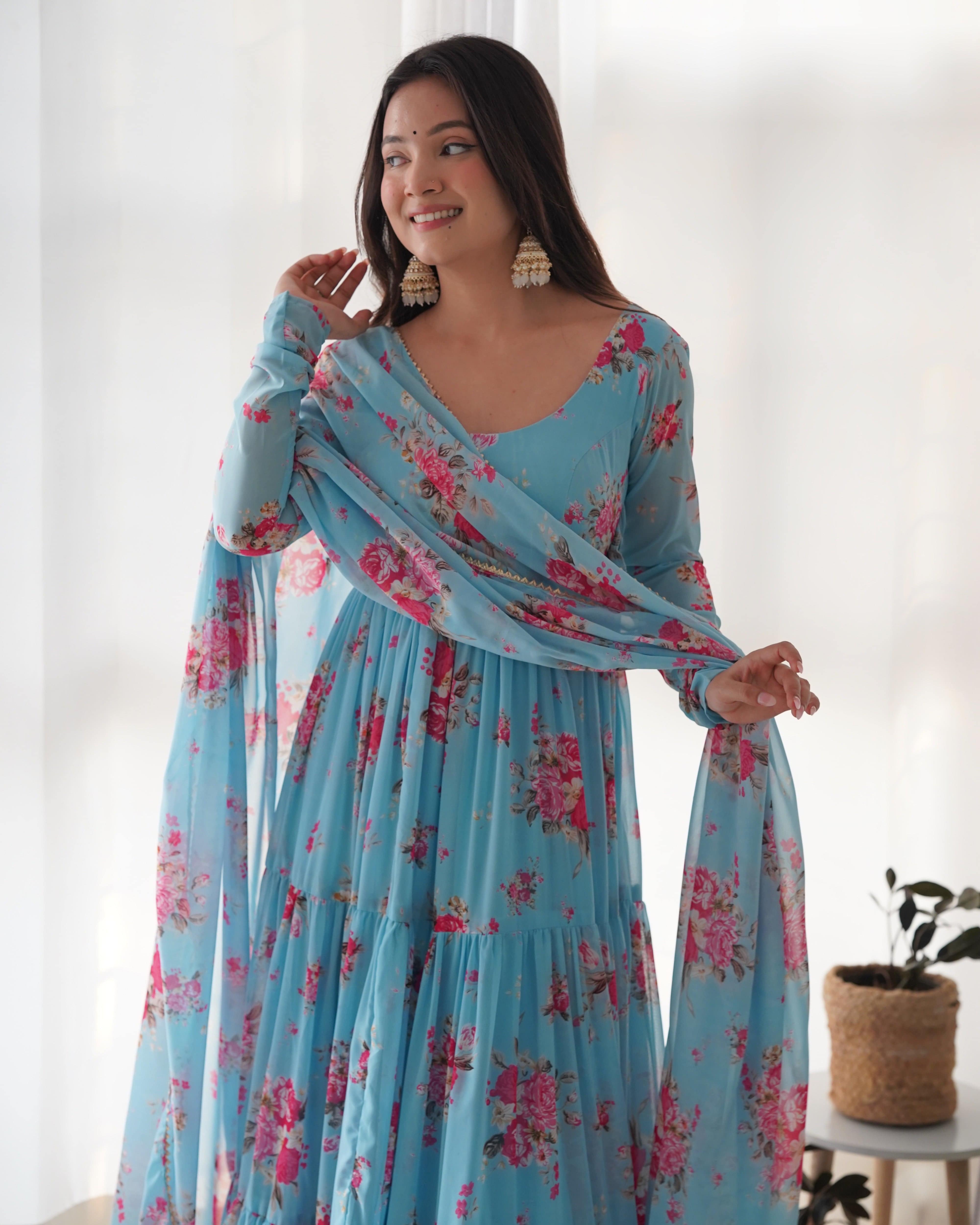 Sky Blue Floral Fox Georgette Anarkali Set with Dupatta & Pants