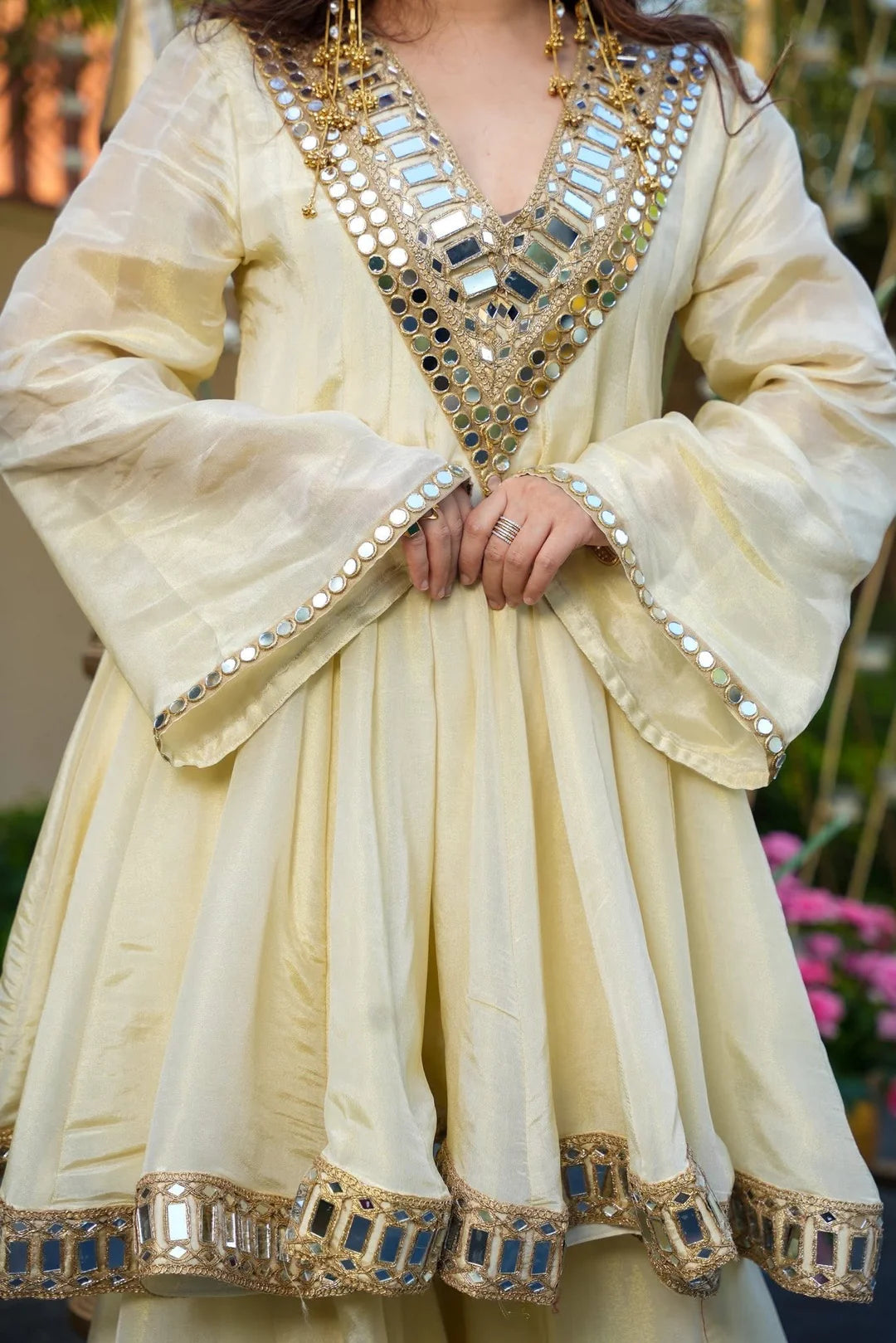 Ivory Glow Heavy Mirror Embellished Anarkali Sharara Set