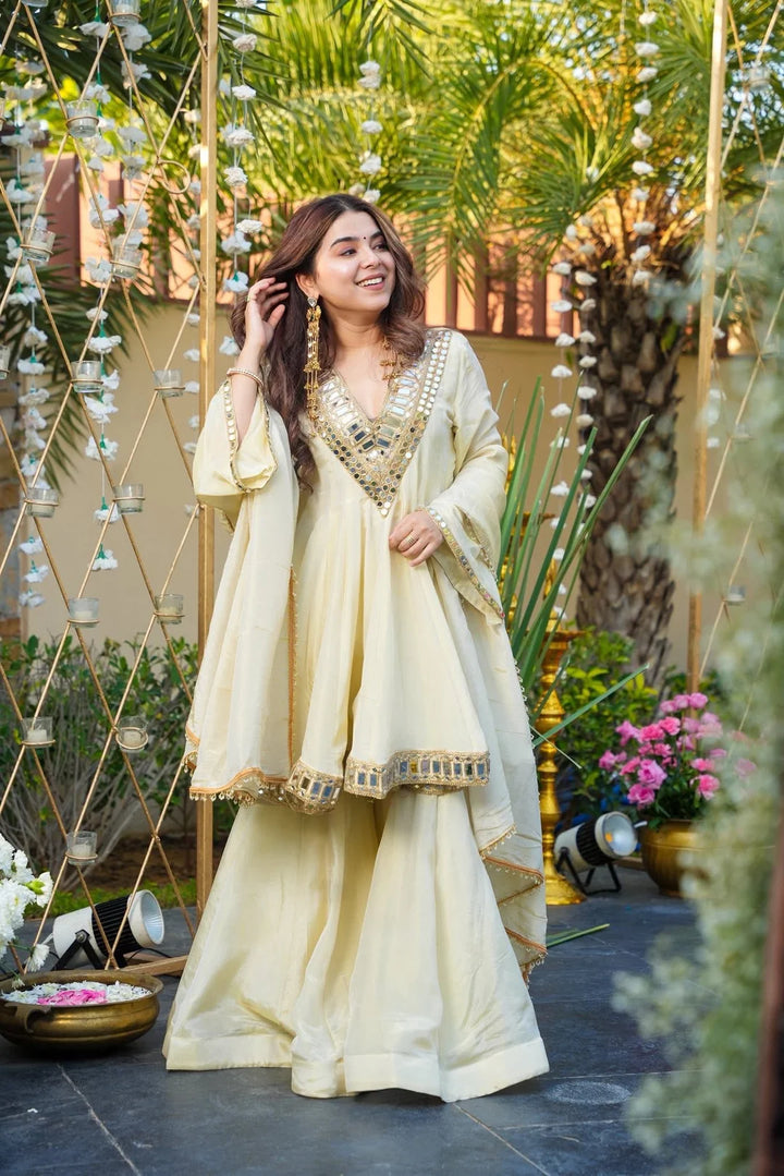 Ivory Glow Heavy Mirror Embellished Anarkali Sharara Set