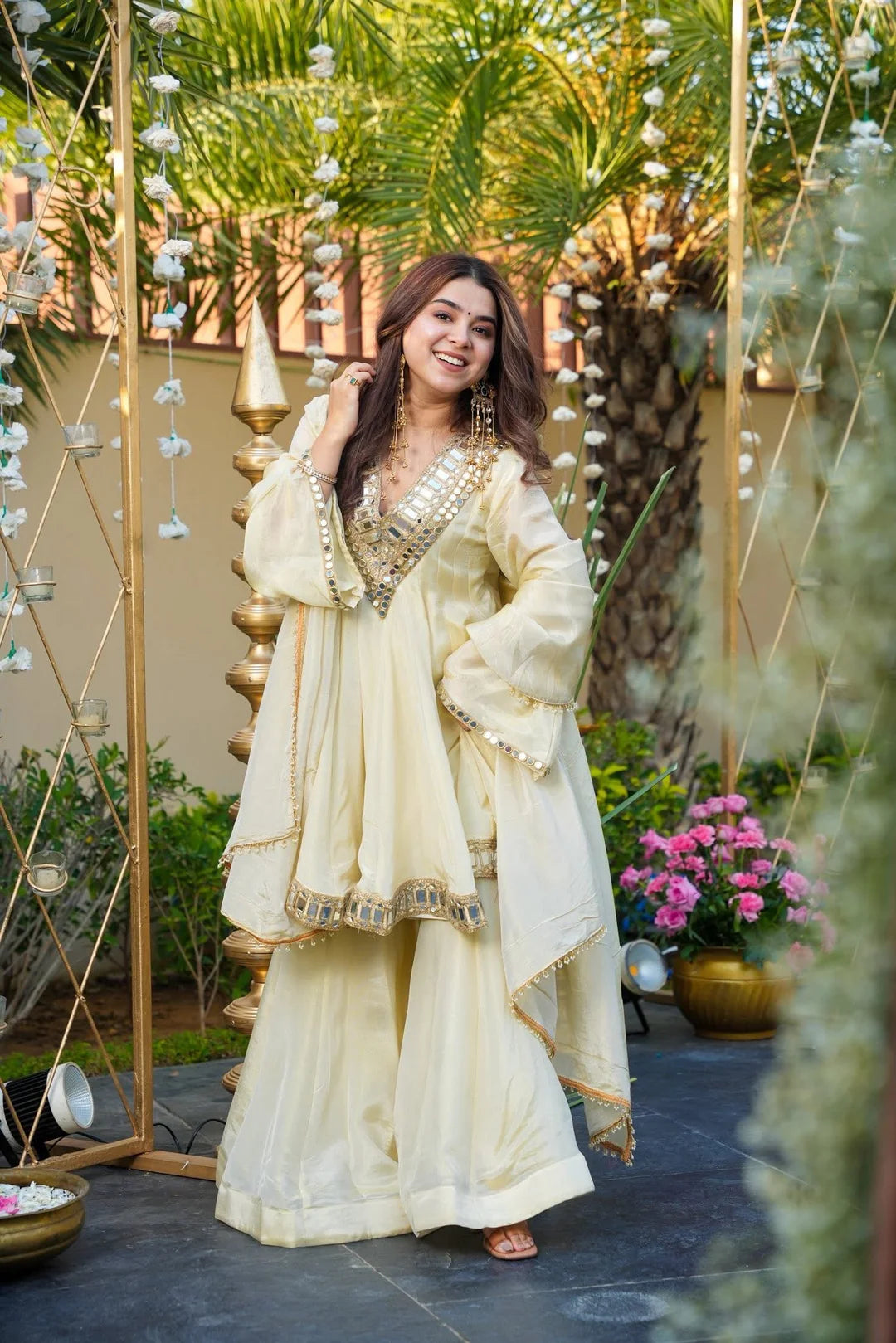 Ivory Glow Heavy Mirror Embellished Anarkali Sharara Set