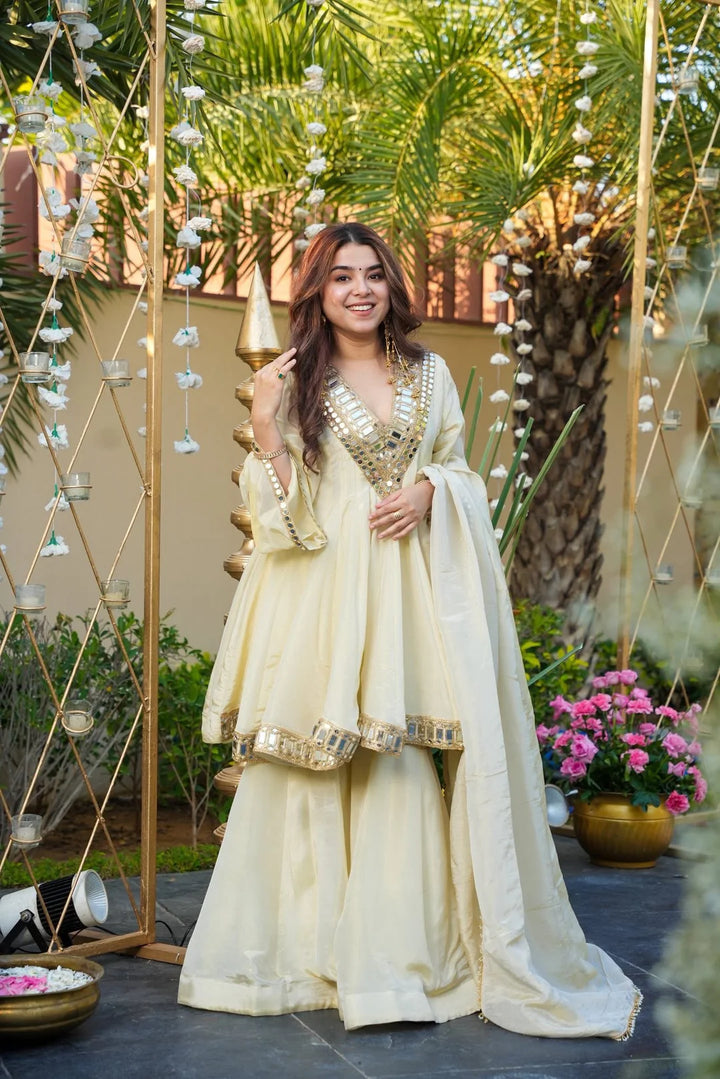 Ivory Glow Heavy Mirror Embellished Anarkali Sharara Set