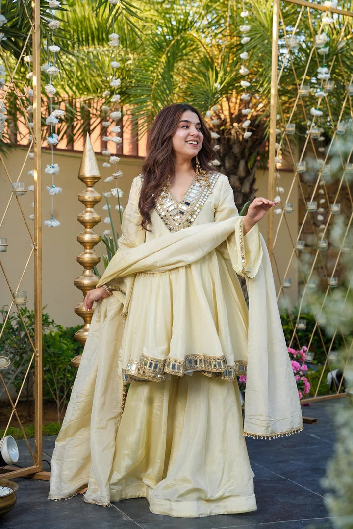 Ivory Glow Heavy Mirror Embellished Anarkali Sharara Set