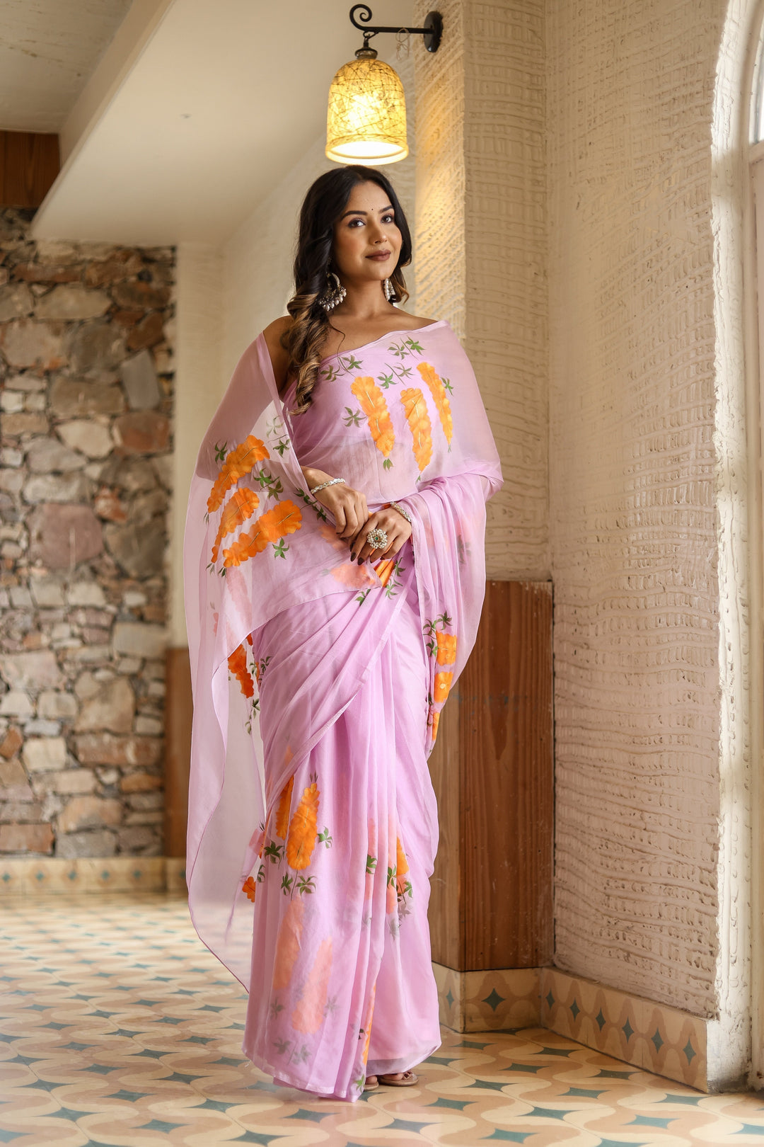 Lavender Georgette Saree with Hand-Painted Orange Marigold Floral Bunches – Attached Blouse – 5.5 Meters