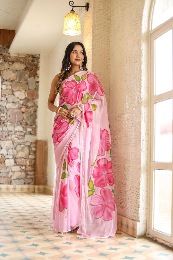 Blush Pink Georgette Saree with Oversized Hand-Painted Magenta Flowers & Bead Detailing – Attached Blouse – 5.5 Meters