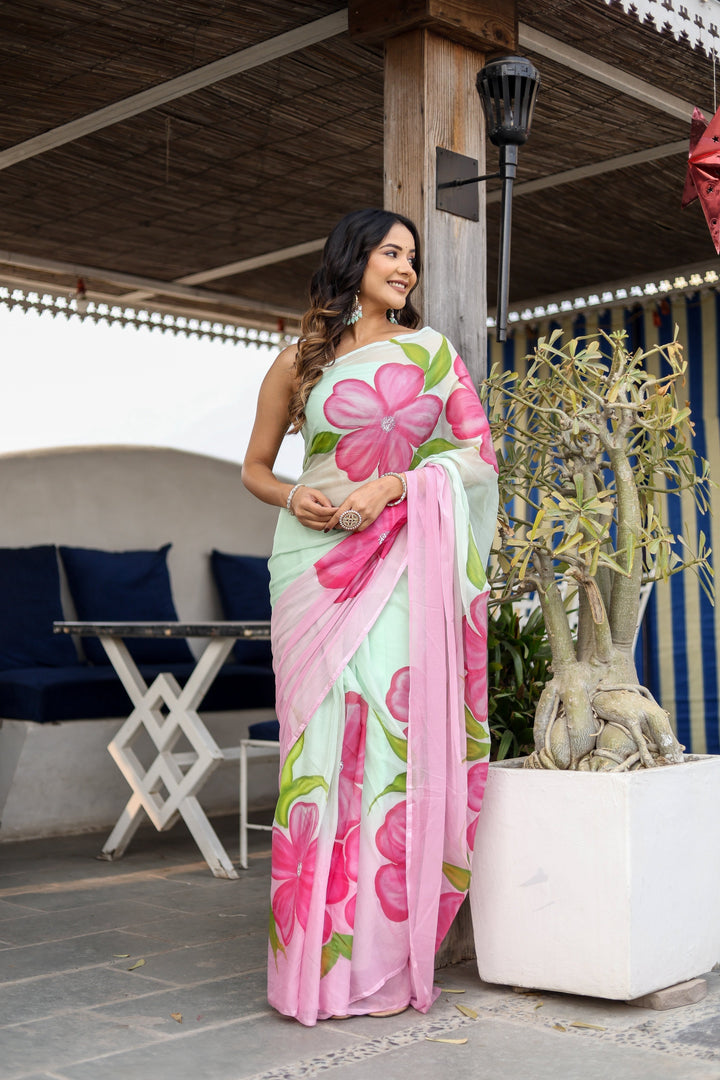 Mint Green Georgette Saree with Hand-Painted Pink Oversized Floral Motifs – Attached Blouse – 5.5 Meters