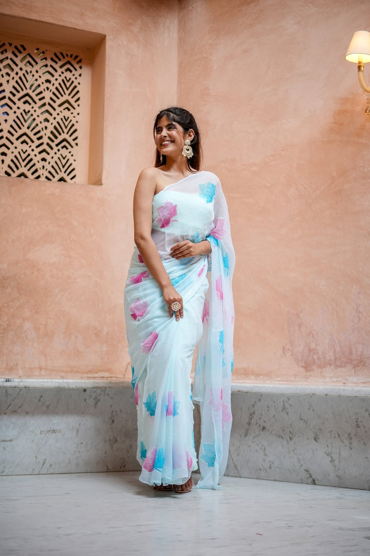 Sky Blue Georgette Saree with Embroidered Pink & Blue Leaf Motifs – Attached Blouse – 5.5 Meters
