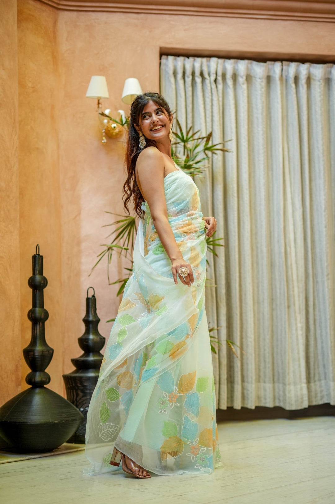Mint Green Georgette Saree with Multicolor Leaf Embroidery & Attached Blouse – 5.5 Meters