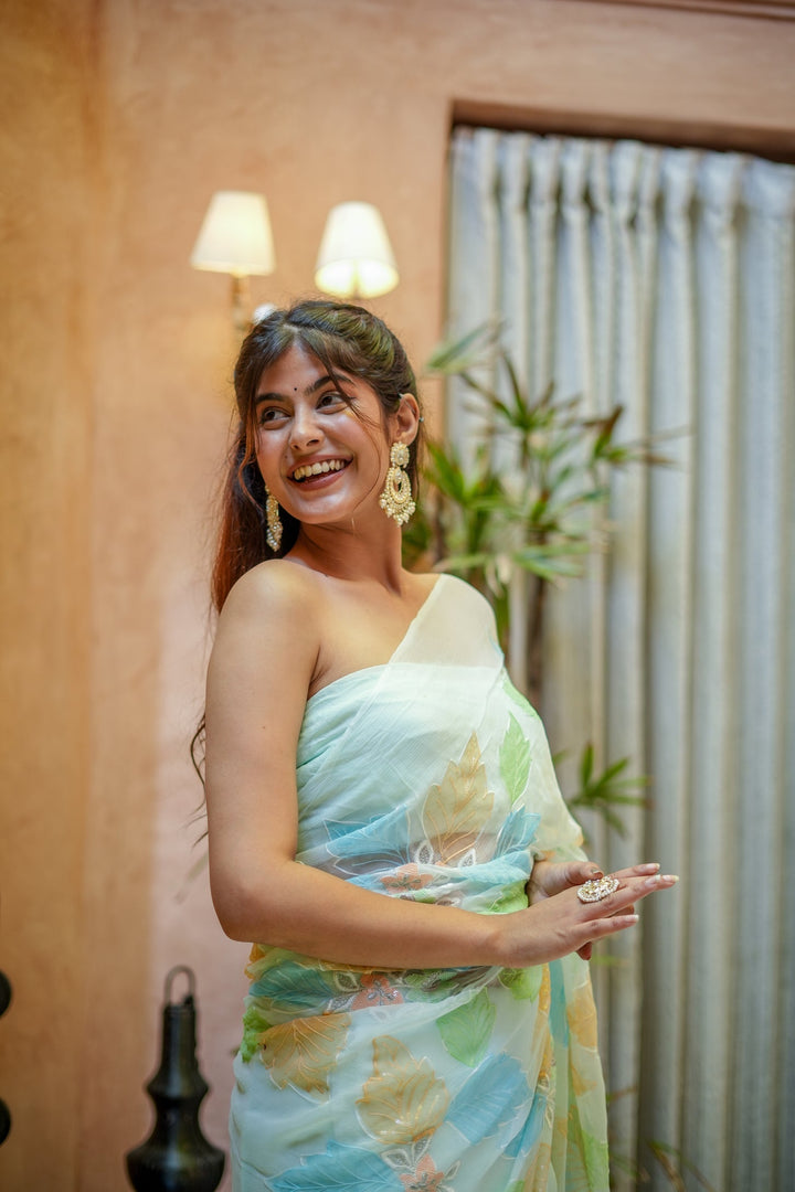 Mint Green Georgette Saree with Multicolor Leaf Embroidery & Attached Blouse – 5.5 Meters