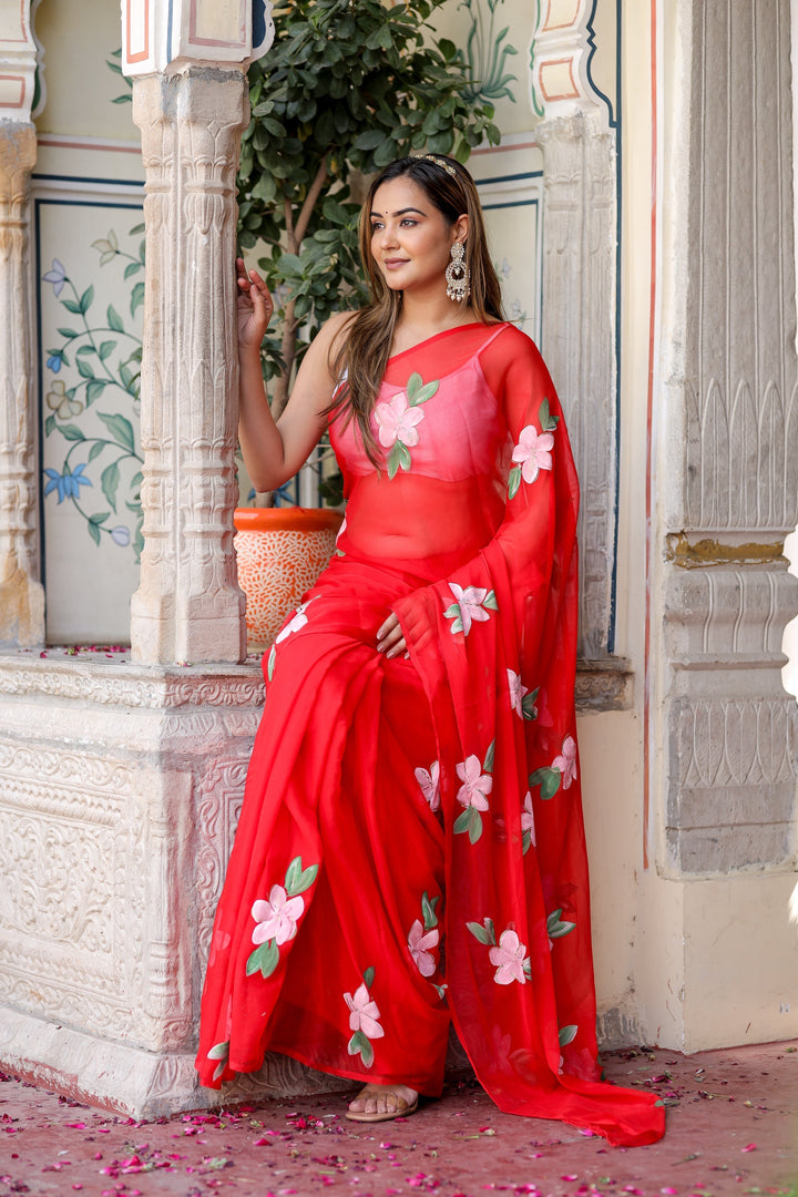 Hot Pink Georgette Saree with Hand-Painted White Floral Vines – Attached Blouse – 5.5 Meters
