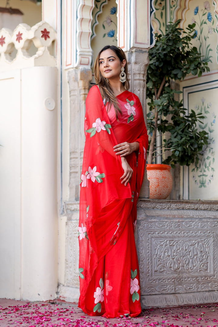 Hot Pink Georgette Saree with Hand-Painted White Floral Vines – Attached Blouse – 5.5 Meters