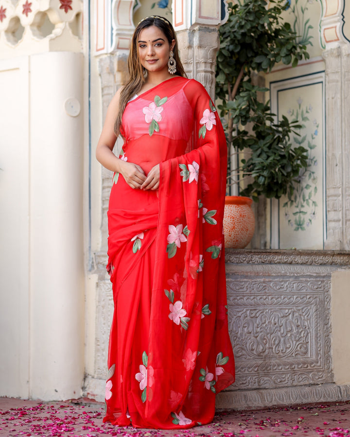 Hot Pink Georgette Saree with Hand-Painted White Floral Vines – Attached Blouse – 5.5 Meters