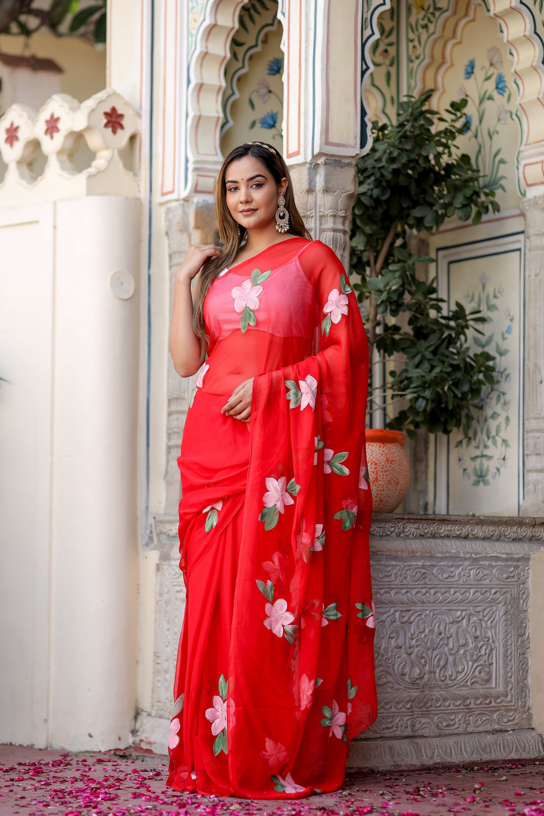 Hot Pink Georgette Saree with Hand-Painted White Floral Vines – Attached Blouse – 5.5 Meters
