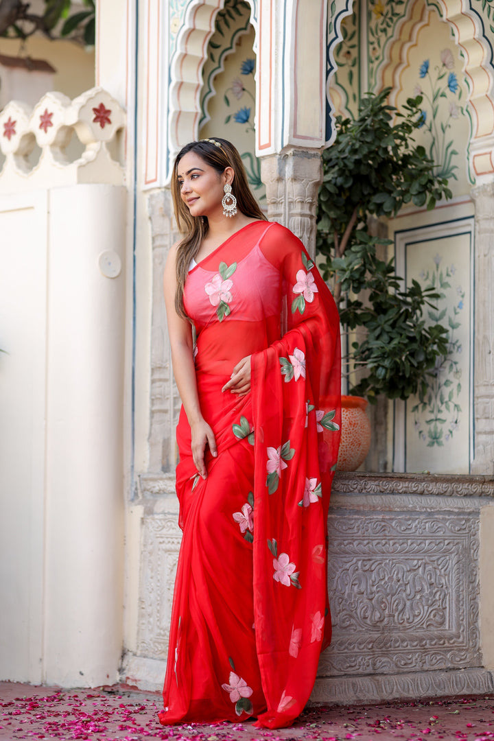 Hot Pink Georgette Saree with Hand-Painted White Floral Vines – Attached Blouse – 5.5 Meters