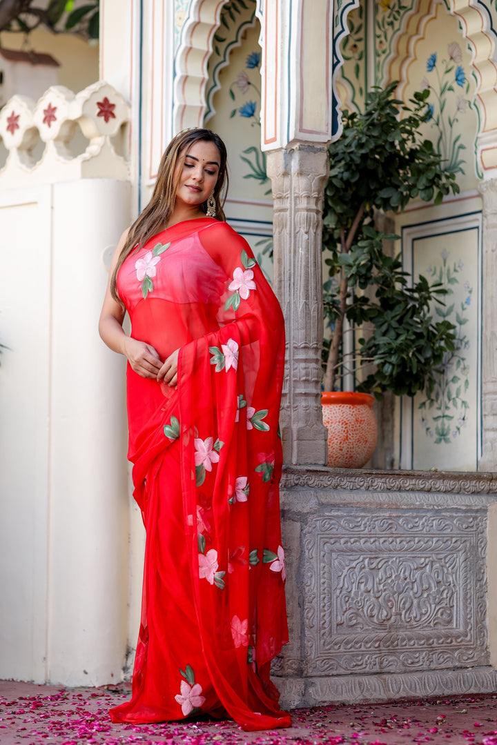 Hot Pink Georgette Saree with Hand-Painted White Floral Vines – Attached Blouse – 5.5 Meters