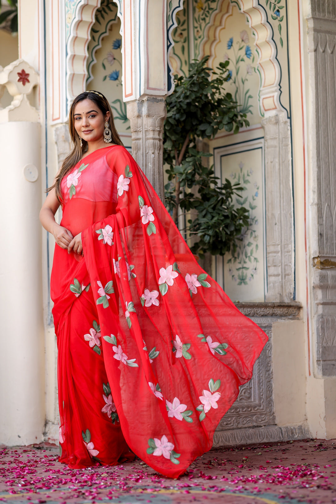 Hot Pink Georgette Saree with Hand-Painted White Floral Vines – Attached Blouse – 5.5 Meters