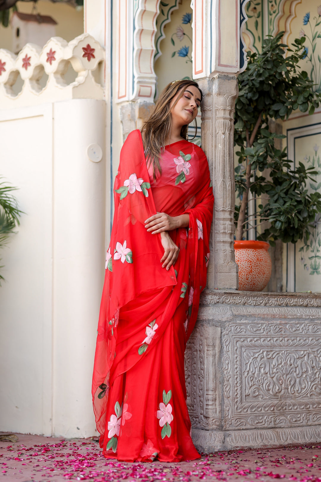 Hot Pink Georgette Saree with Hand-Painted White Floral Vines – Attached Blouse – 5.5 Meters