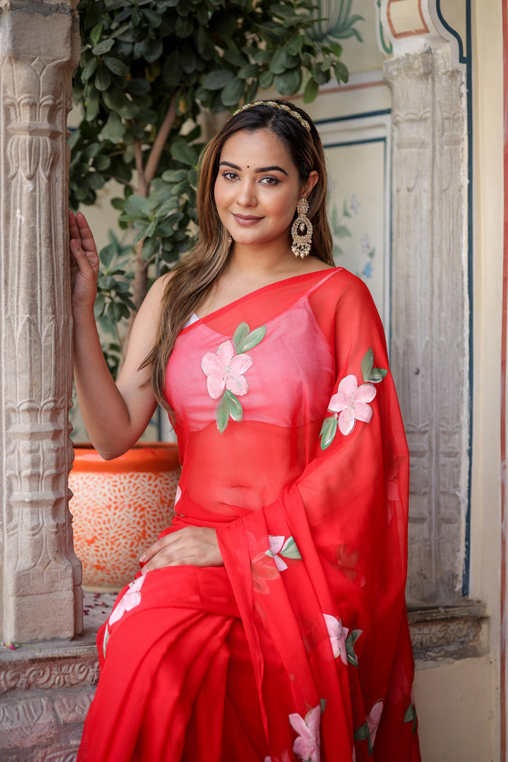 Hot Pink Georgette Saree with Hand-Painted White Floral Vines – Attached Blouse – 5.5 Meters