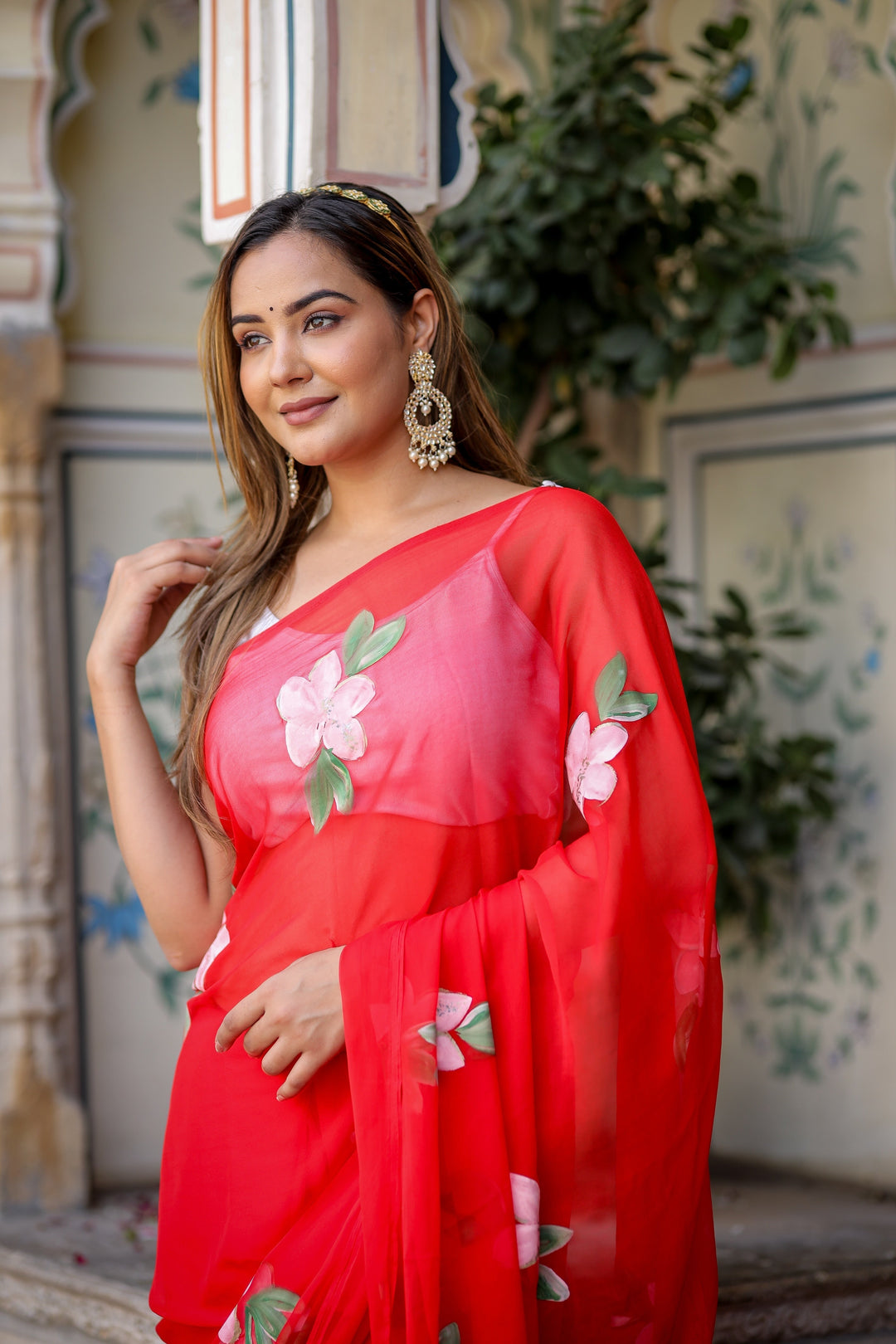 Hot Pink Georgette Saree with Hand-Painted White Floral Vines – Attached Blouse – 5.5 Meters