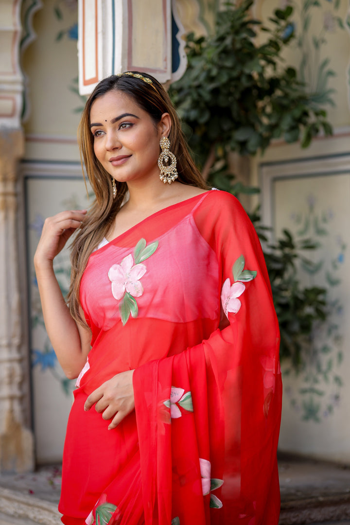 Hot Pink Georgette Saree with Hand-Painted White Floral Vines – Attached Blouse – 5.5 Meters