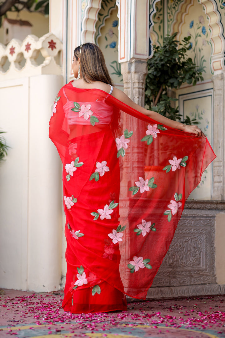 Hot Pink Georgette Saree with Hand-Painted White Floral Vines – Attached Blouse – 5.5 Meters