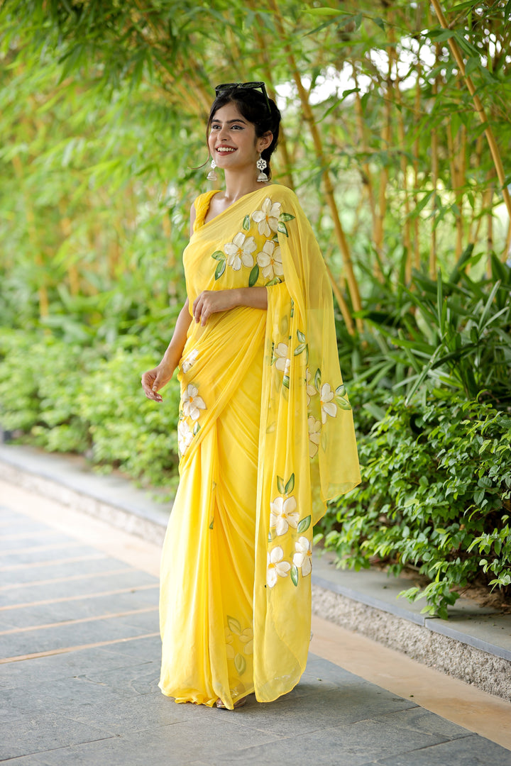 Sunshine Yellow Georgette Saree with Hand-Painted White Floral Motifs – Attached Blouse – 5.5 Meters