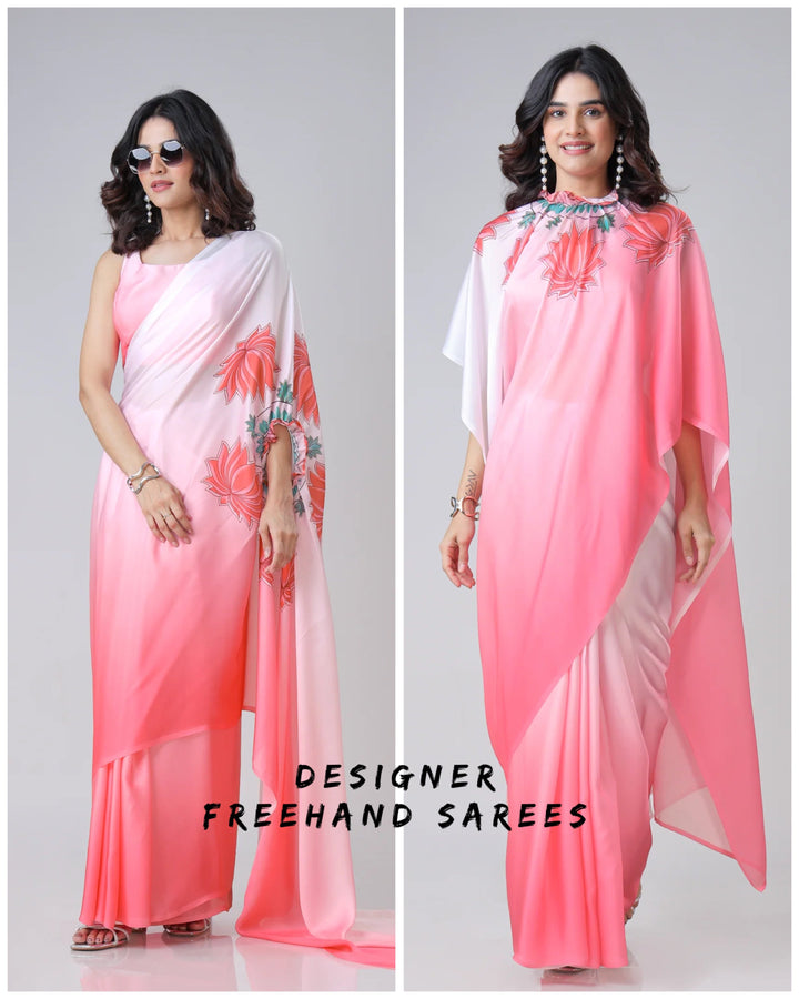Blush Pink Ombre Freehand Floral Print Saree in Georgette Satin – Ready to Wear Designer Elegance