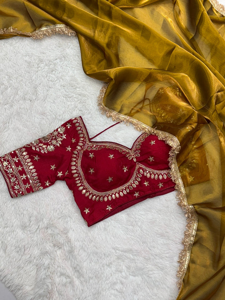 "Elegant Golden Silk Saree with Maroon Embroidered Blouse – Perfect for Weddings and Festive Occasions"