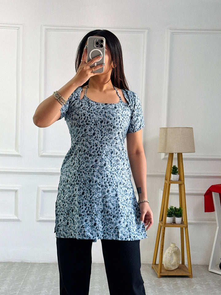 Grey-Blue Ditsy Floral Short Kurta