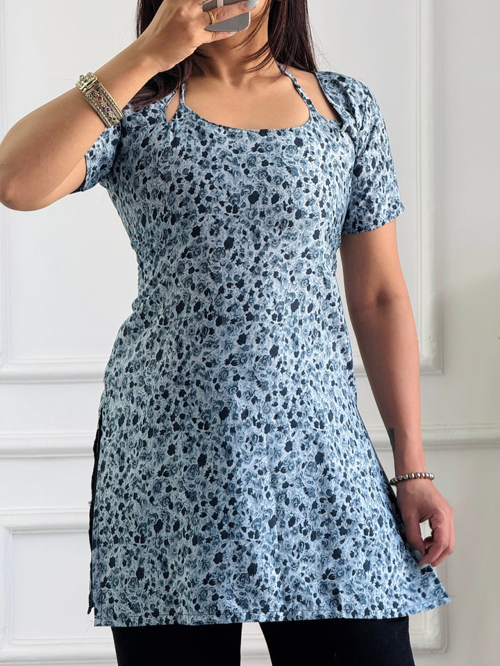 Grey-Blue Ditsy Floral Short Kurta