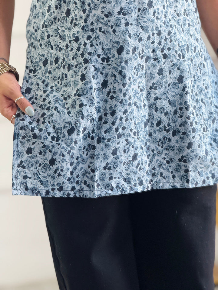 Grey-Blue Ditsy Floral Short Kurta