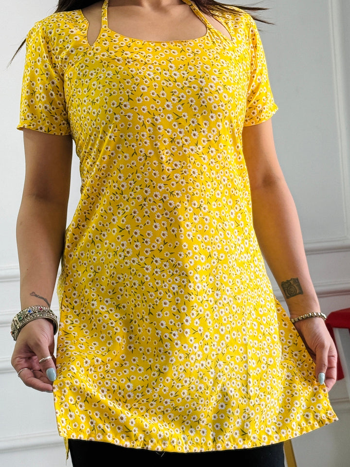 Yellow Ditsy Floral Kurti with Adjustable Lace-Up Back