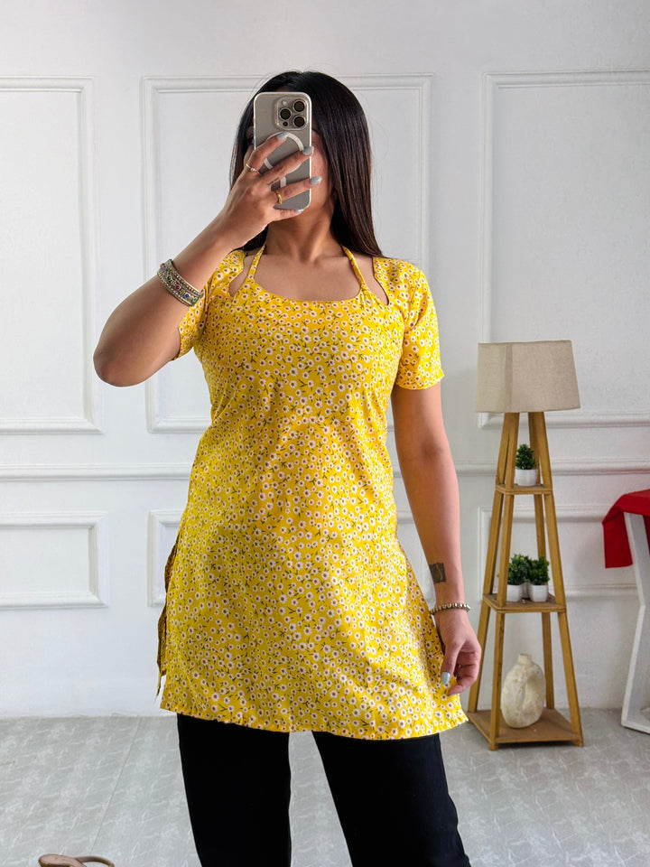 Yellow Ditsy Floral Kurti with Adjustable Lace-Up Back
