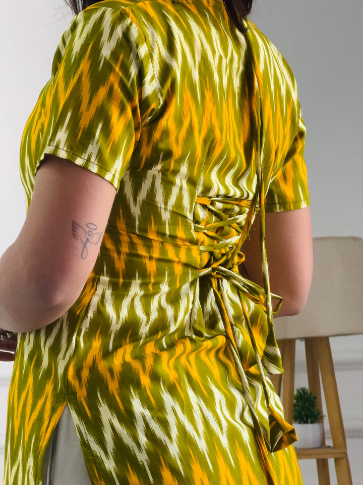 Olive Green Chevron Print Cambric Cotton Kurti with Corset Back