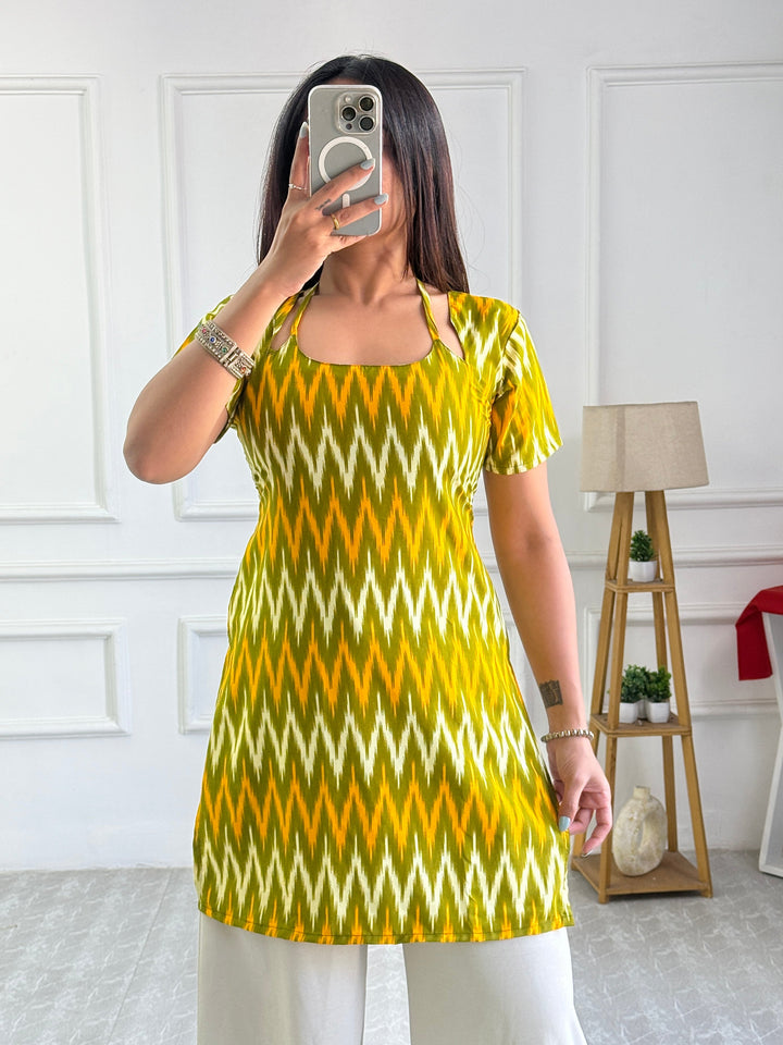 Olive Green Chevron Print Cambric Cotton Kurti with Corset Back
