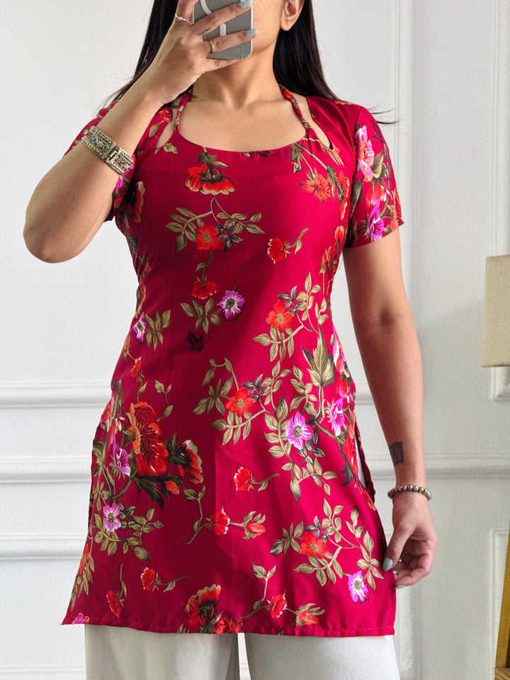 Rich Maroon Floral Multi-Wear Tunic - Adjustable Fit