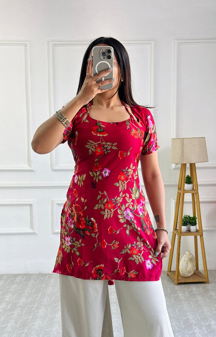 Rich Maroon Floral Multi-Wear Tunic - Adjustable Fit