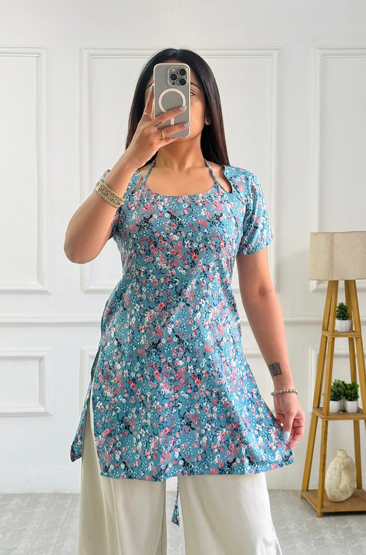 Teal Multi-Floral Cambric Cotton Kurti with Corset Back