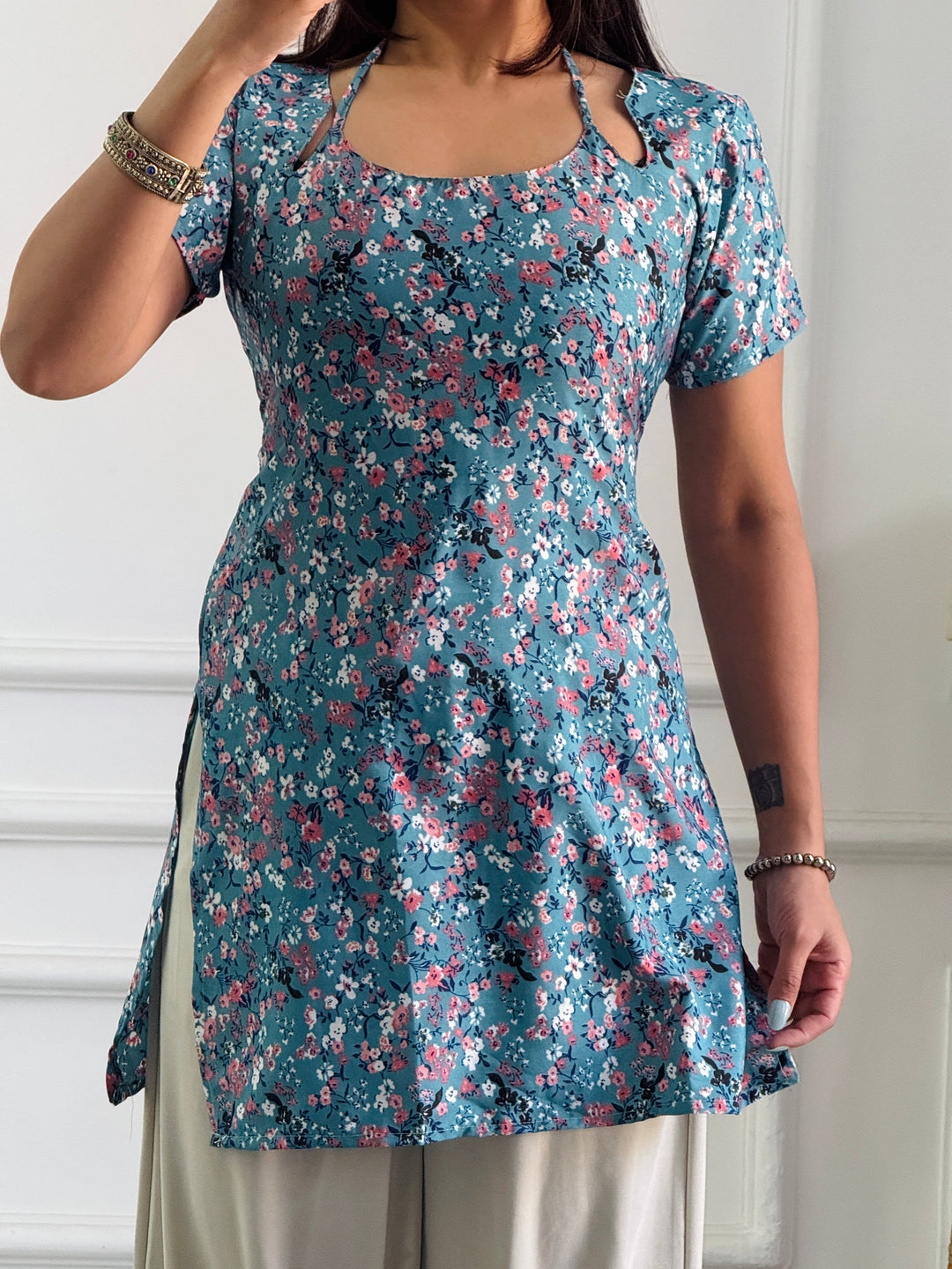 Teal Multi-Floral Cambric Cotton Kurti with Corset Back