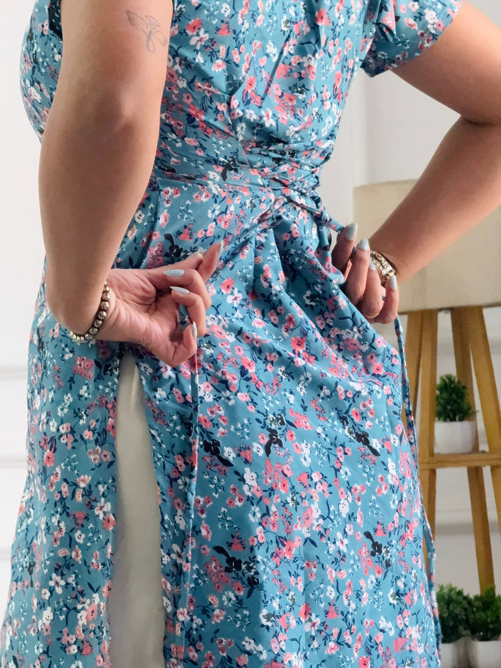 Teal Multi-Floral Cambric Cotton Kurti with Corset Back