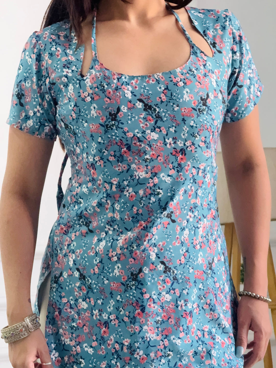 Teal Multi-Floral Cambric Cotton Kurti with Corset Back